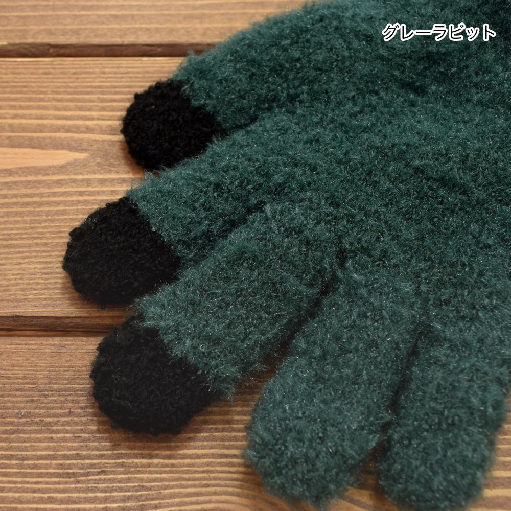 日本 TOMO - 兒童可觸控短絨保暖手套-小灰兔-墨綠