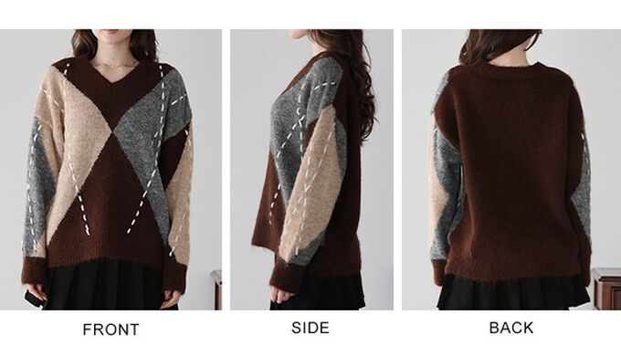 日本 BLUE EAST - 成熟菱格紋幾何V領針織上衣-咖啡系 (M)