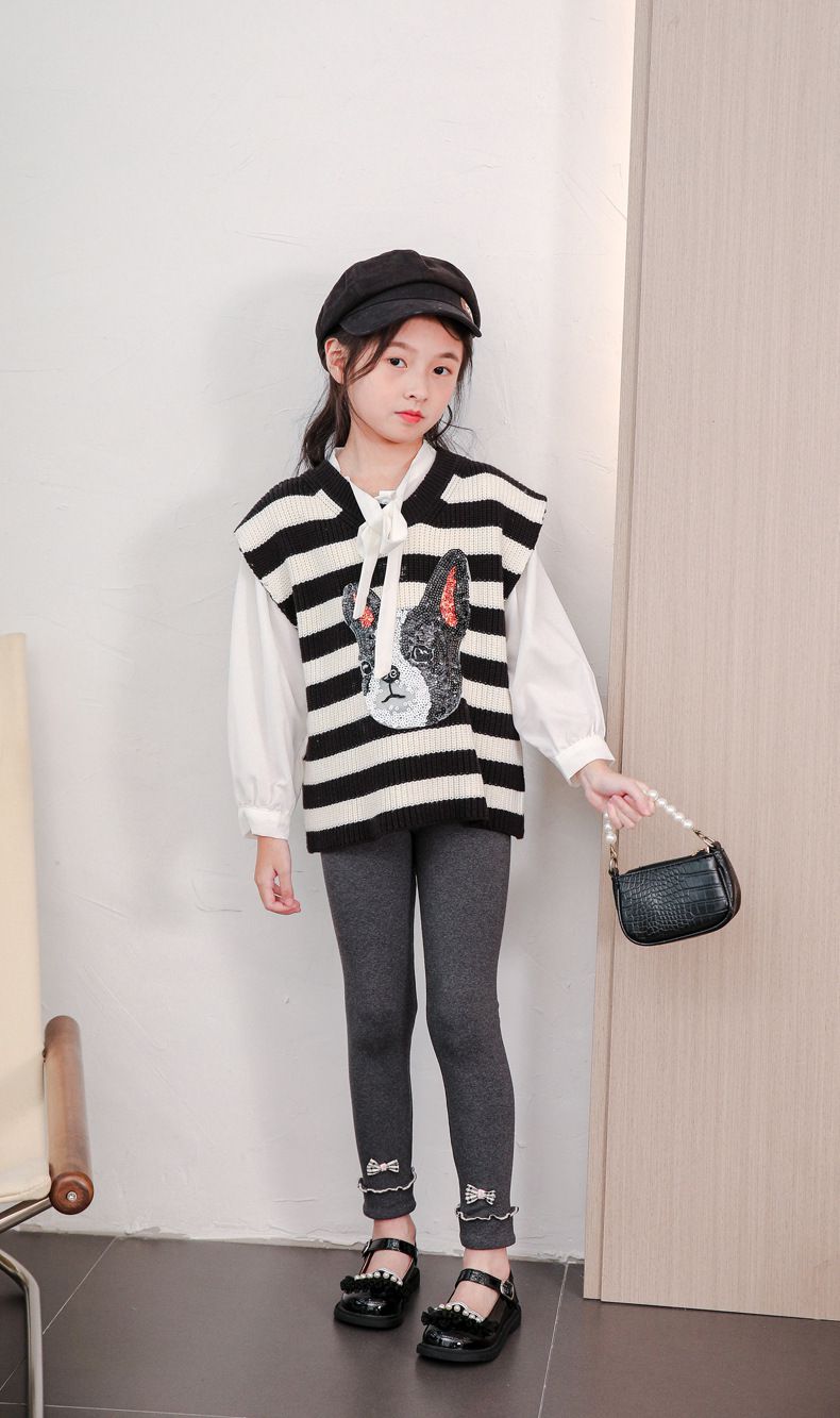 FANMOU - 厚棉氣質內搭褲-蝴蝶結-淺灰色