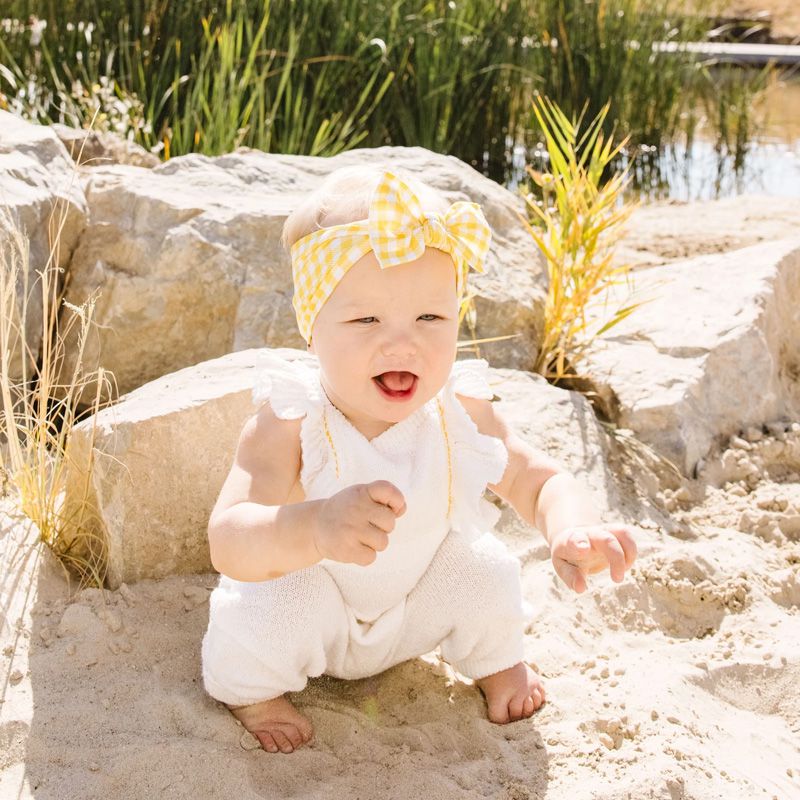 美國baby bling - 純手工極優雅細緻輕柔微彈性/毫無束縛感蝴蝶結髮帶/髮飾_印花經典款-黃白格子