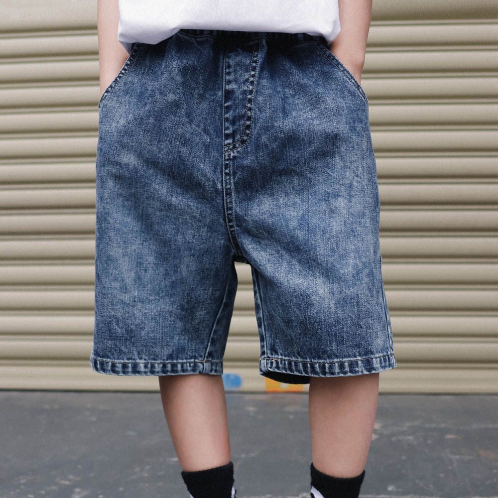 純棉腰鬆緊牛仔五分褲-潮流拼色-水洗藍