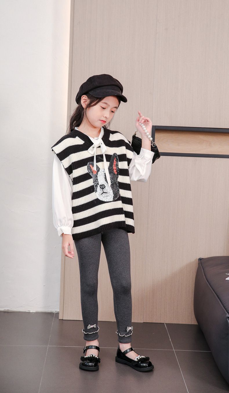 FANMOU - 厚棉氣質內搭褲-蝴蝶結-淺灰色