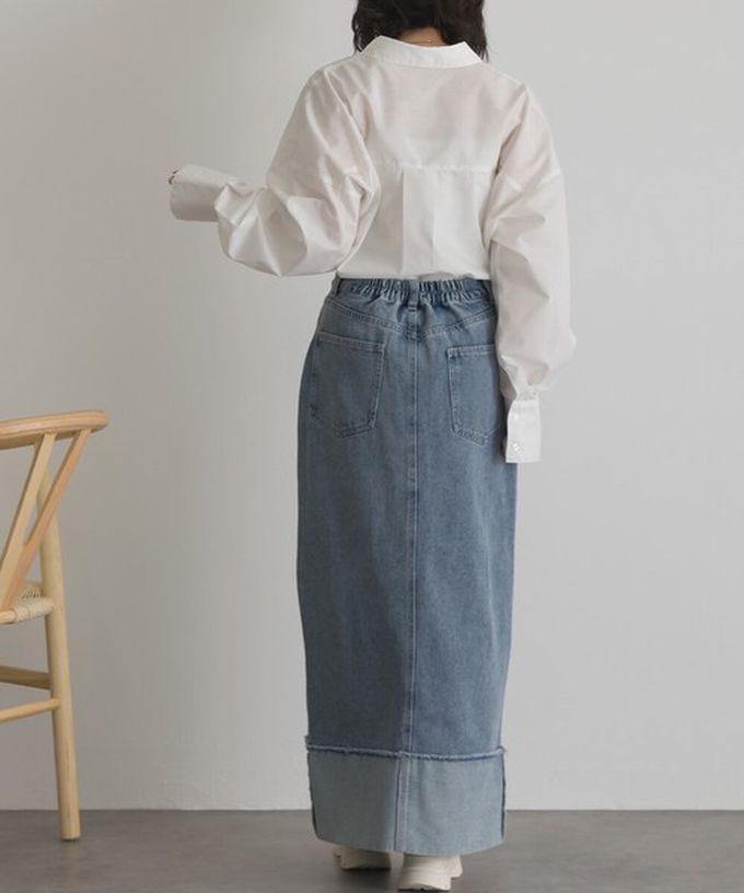 日本 ELENCARE DUE - 10oz抽鬚摺邊俐落前開叉牛仔長裙-黑