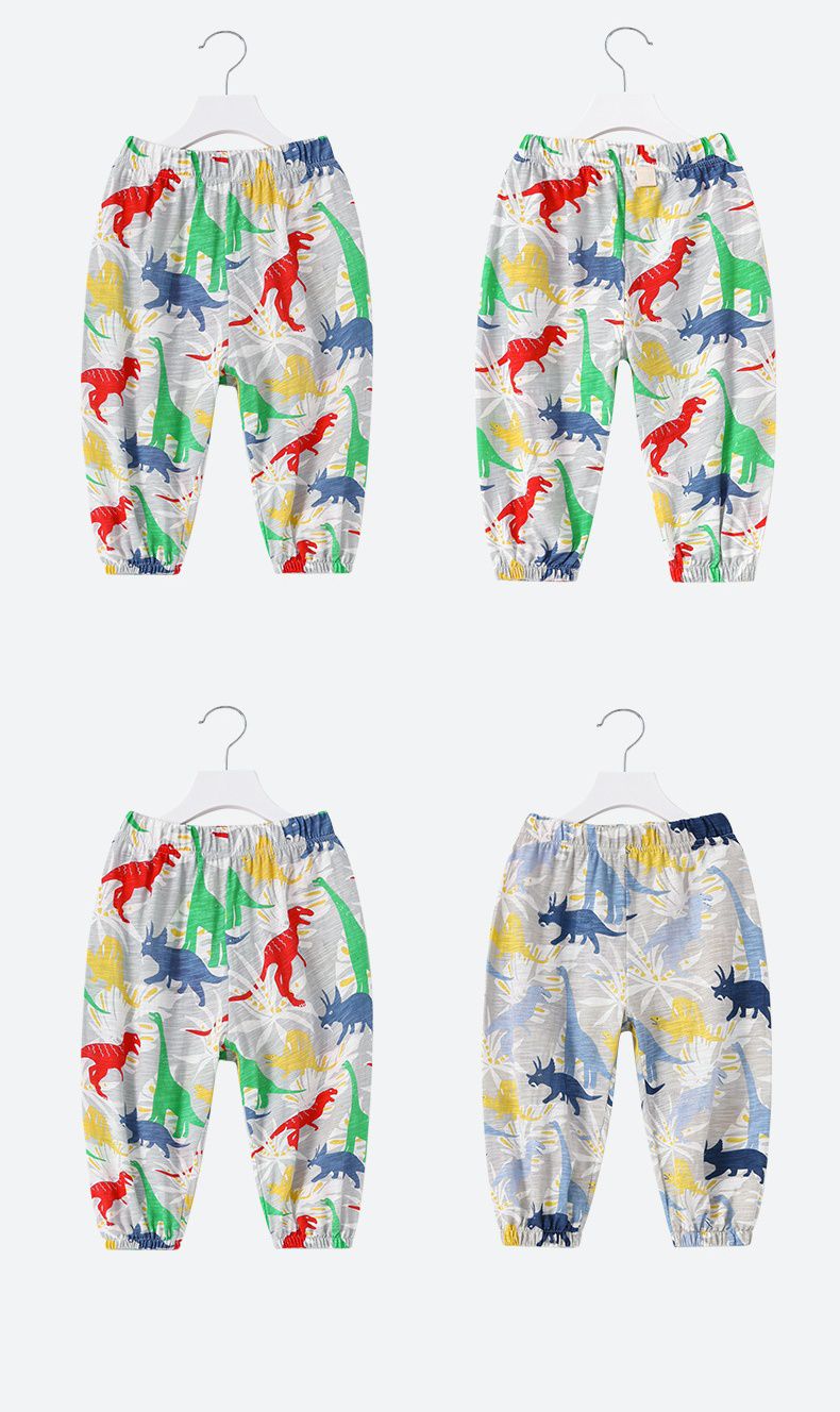 竹節棉束口長褲/防蚊褲-恐龍世界-藍+黃+灰