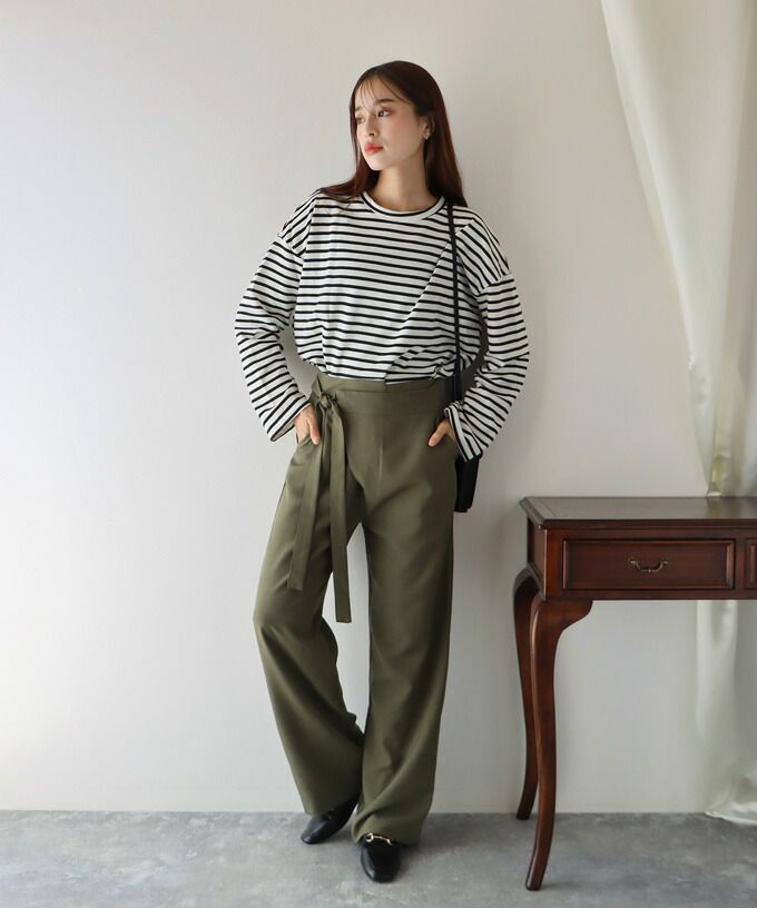 日本 BLUE EAST - 綁帶裝飾垂墜西裝長褲-軍綠