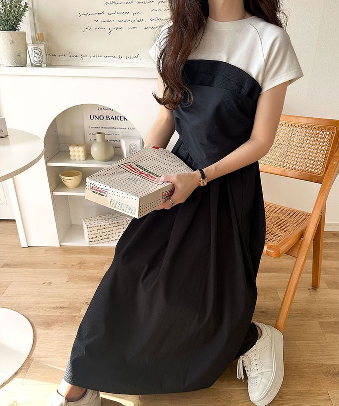 日本 Classical Elf - 綁帶2way清爽拼接感短袖洋裝-條紋x黑