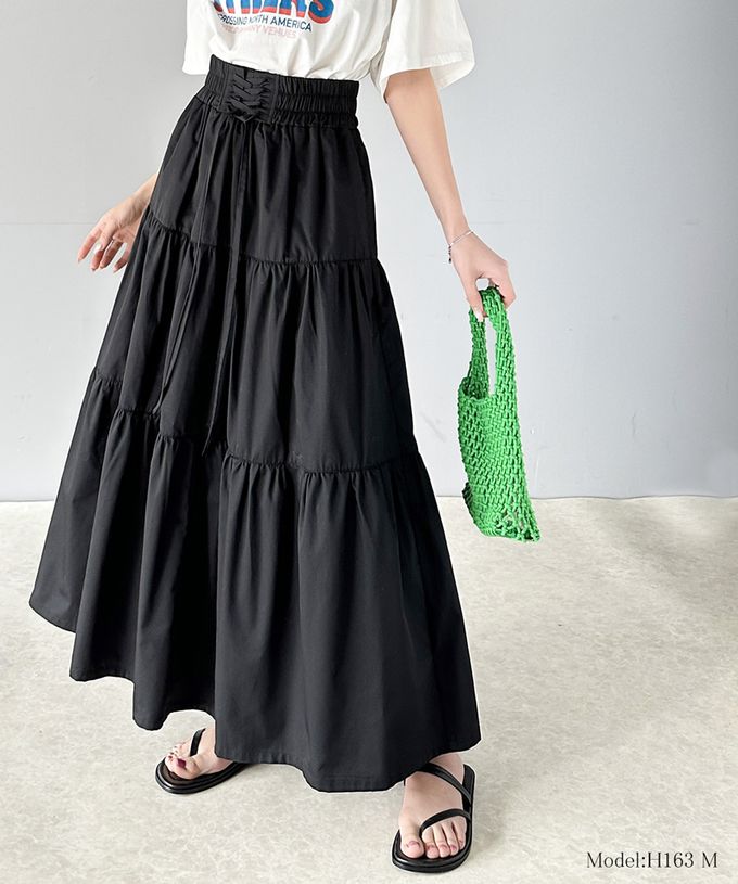 日本 Classical Elf - 古典優雅綁帶分層鬆緊長裙-黑