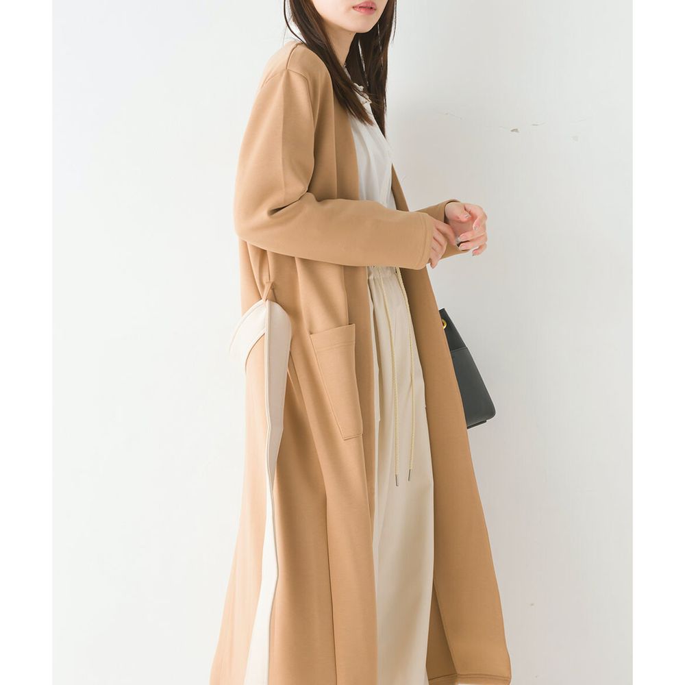 日本 OMNES - 柔軟舒適綁帶長版大衣-卡其x杏-2250