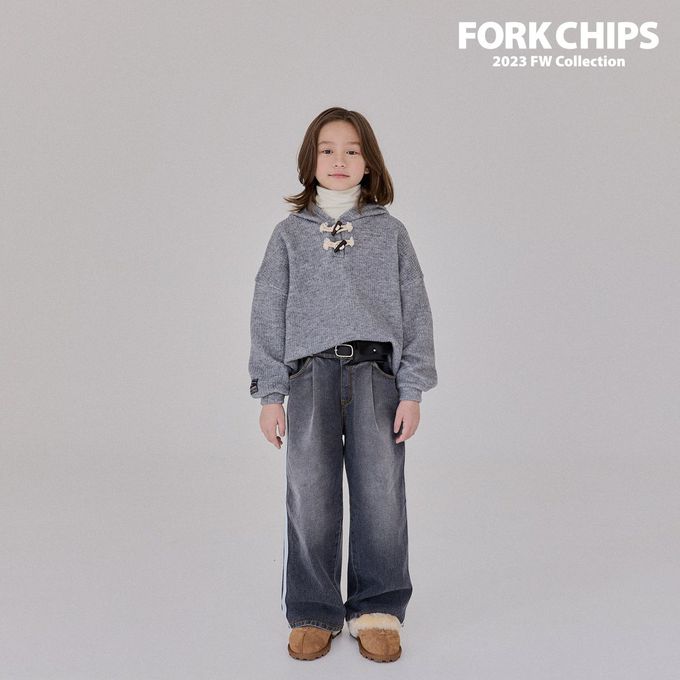 韓國 FORK CHIPS - (內磨毛)鬆緊腰雙線條點綴牛仔長褲-黑灰