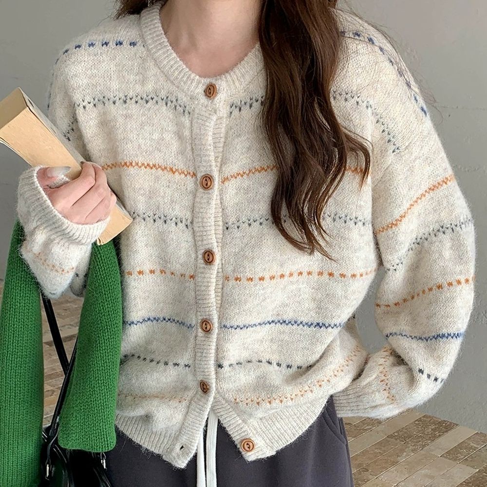 韓系清甜花紋混羊毛長袖針織外套-杏 (F)