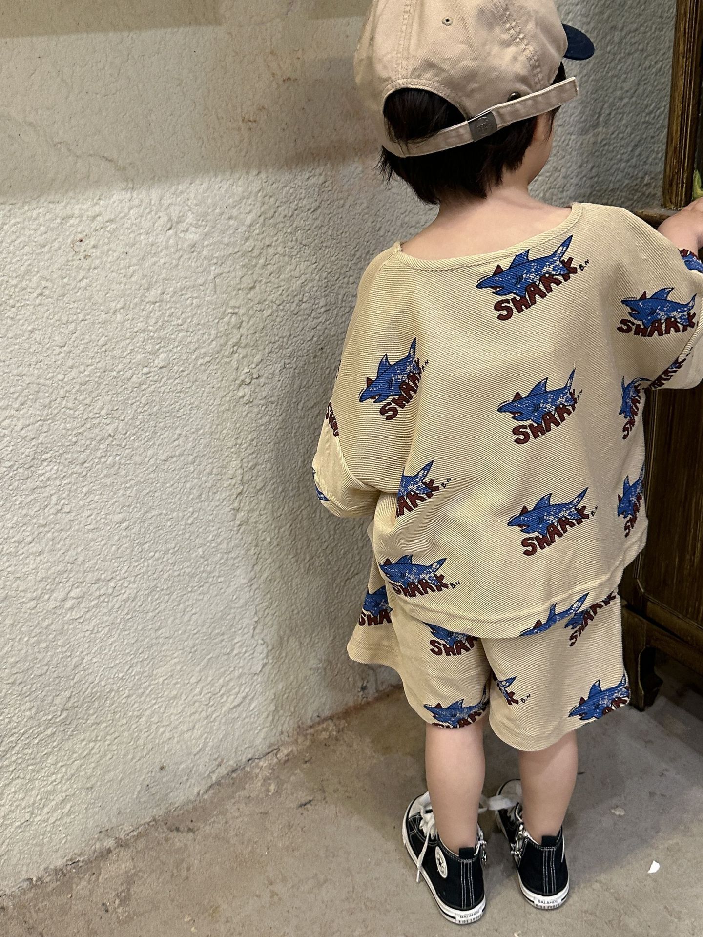 棉質圓領七分袖連身裙-鯊魚-卡其色