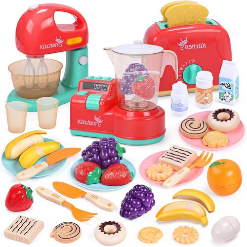 CuteStone - 兒童廚房玩具電器組合 攪拌機 烤麵包機 果汁機  28件組套裝玩具