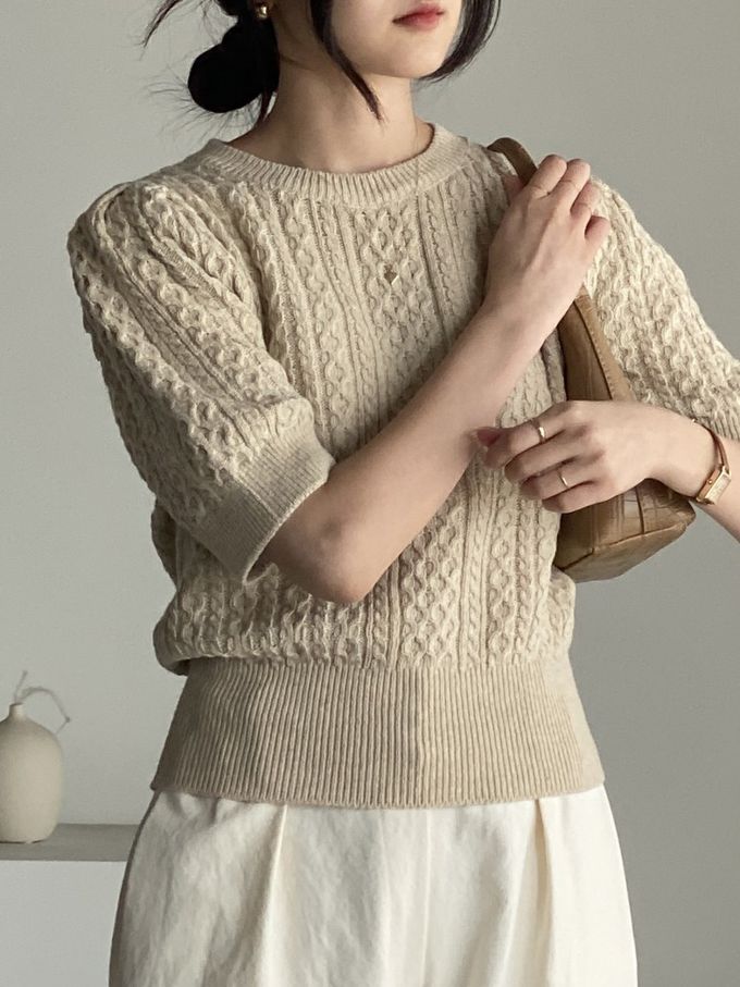 韓國女裝連線 - 麻花辮編織五分袖針織上衣-卡其 (FREE)