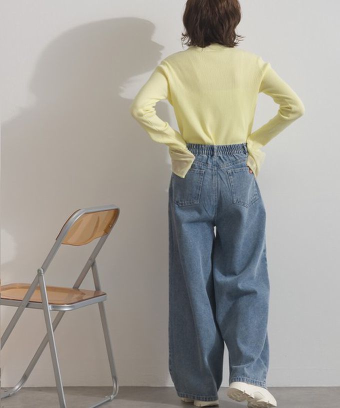 日本 ELENCARE DUE - 10oz 立體摺線後腰鬆緊牛仔褲-刷色藍