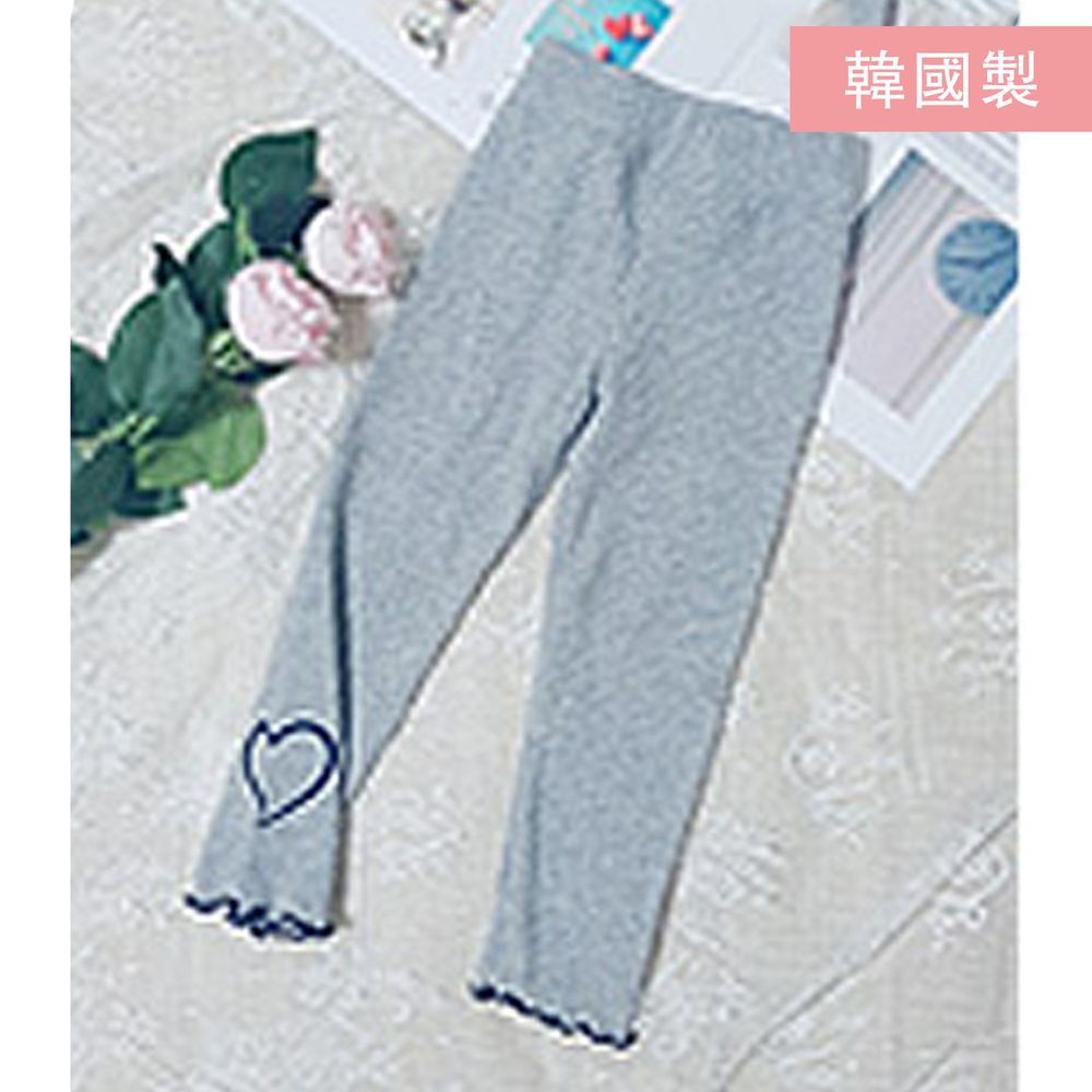 韓國製 - 刺繡愛心螺紋純棉9分內搭褲-灰