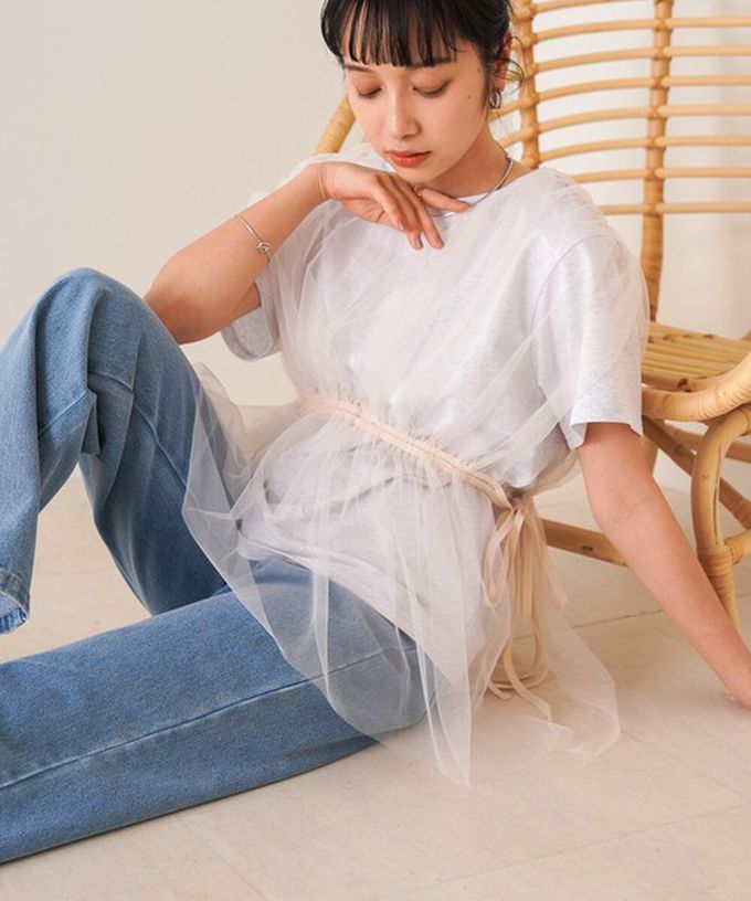 日本 Bab - 仙氣皺摺薄紗 腰綁帶短袖上衣-象牙黃