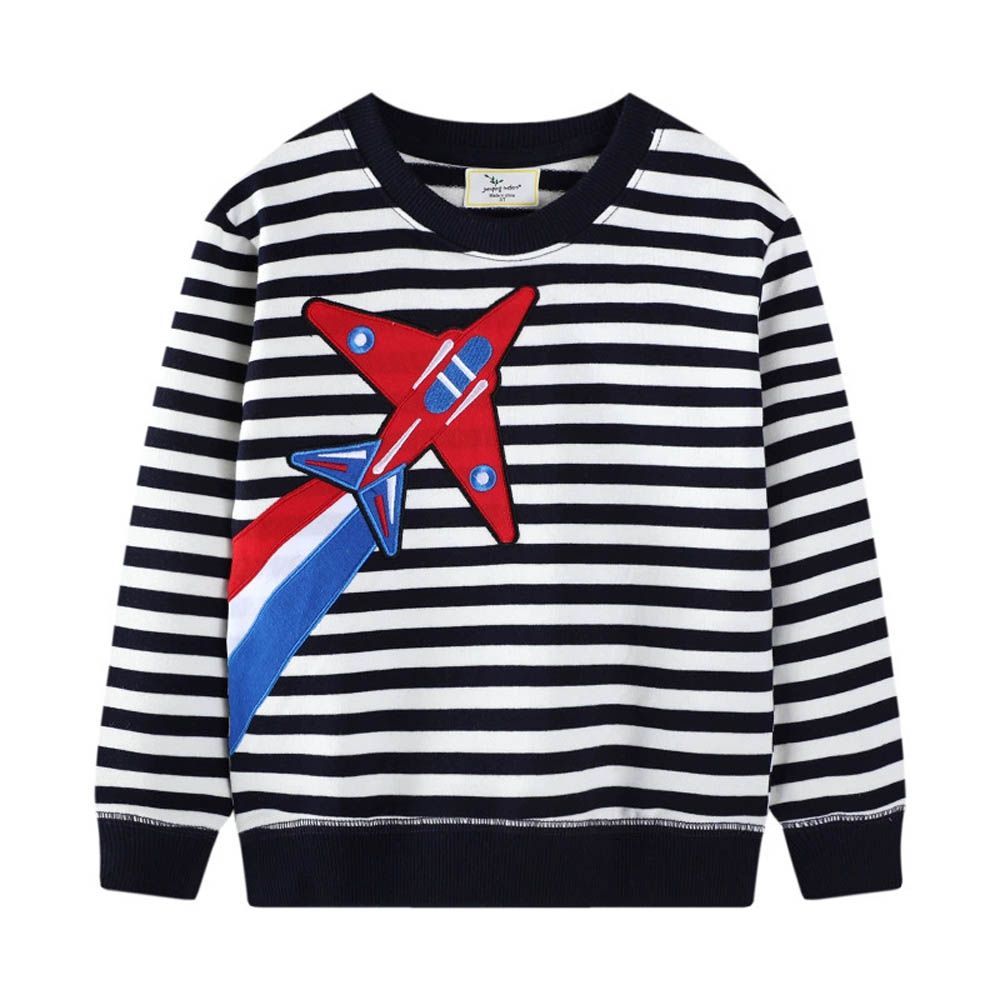 圓領棉質長袖上衣/大學T-飛機升空-黑白條紋