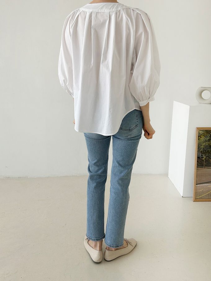 韓國女裝連線 - 氣質抓褶圓領七分袖襯衫-白 (FREE)