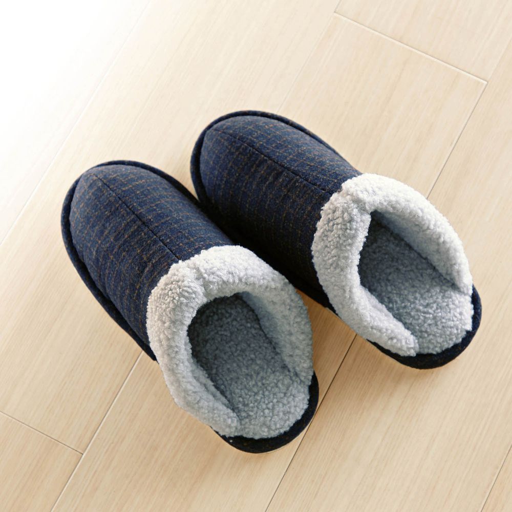 日本千趣會 - 毛絨包覆型室內拖鞋-格子-深藍淺灰