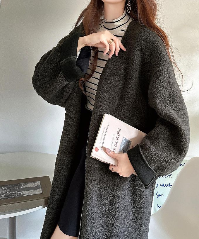 日本 Classical Elf - 溫暖毛呢休閒感無領長版外套-摩卡