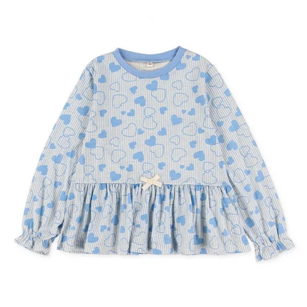 荷葉衣襬滿版印花長袖上衣-愛心-藍