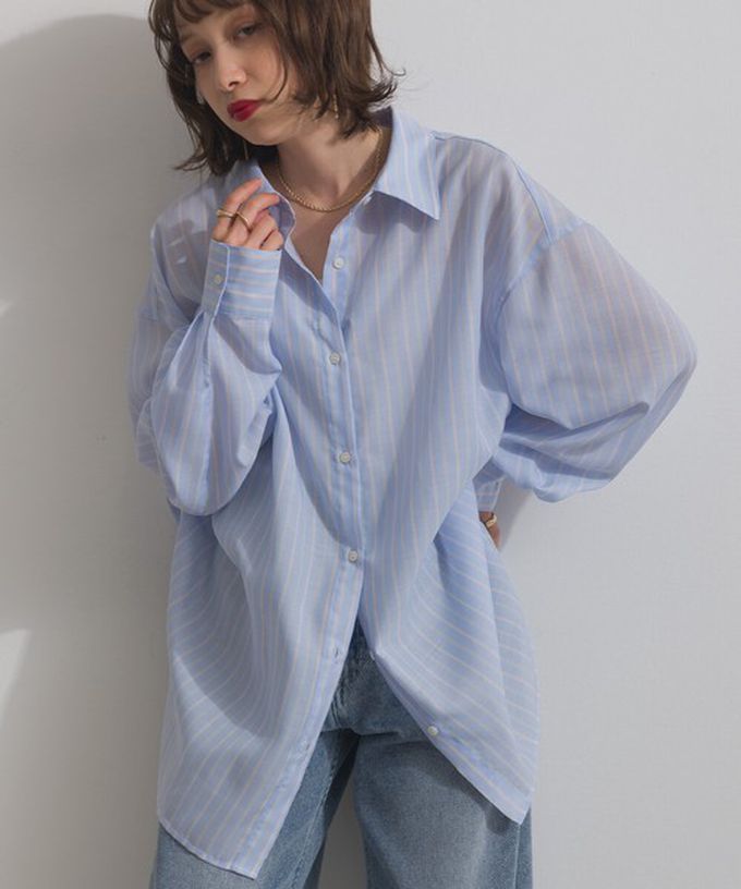 日本 ELENCARE DUE - 2way穿法輕盈透膚寬版薄襯衫-格紋-淺灰綠