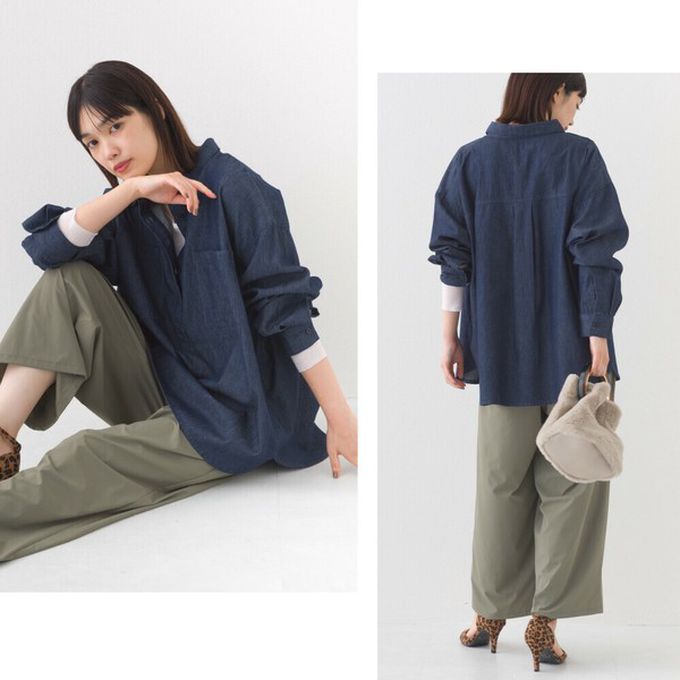 日本 OMNES - 丹寧感透氣俐落排扣長袖上衣-深藍