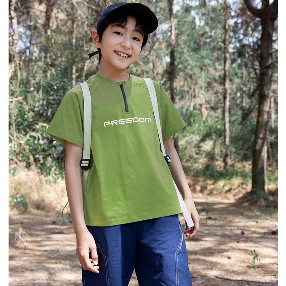 涼感吸濕排汗短袖上衣-半開襟造型-綠色