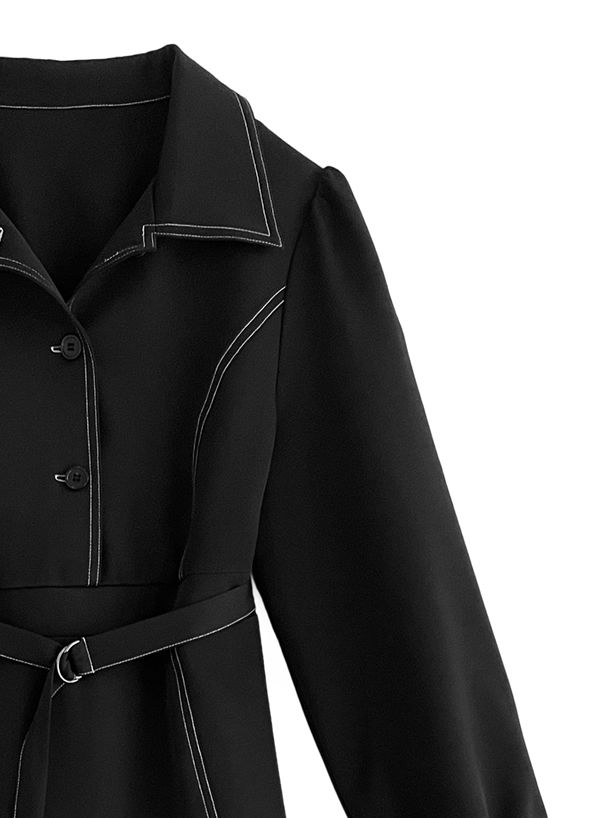 日本 GRL - 英倫率性車線翻領洋裝(附腰帶)-時尚黑