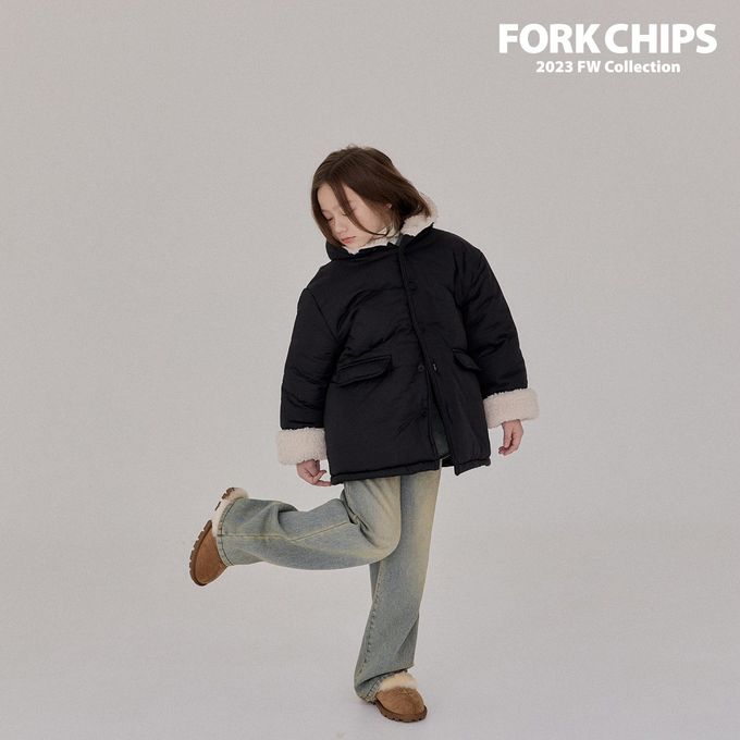 韓國 FORK CHIPS - 冬天保暖鋪棉長版連帽外套-黑