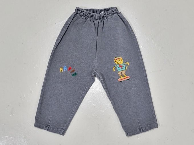 韓國 Mimico - 鬆緊腰動物刺繡丹寧長褲-黑灰