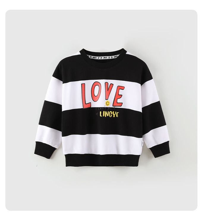 童趣圓領條紋長袖上衣-LOVE-灰色