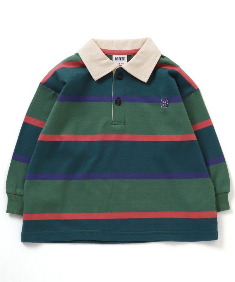 日本 BREEZE - 橄欖球風橫條長袖polo衫-紅卡其