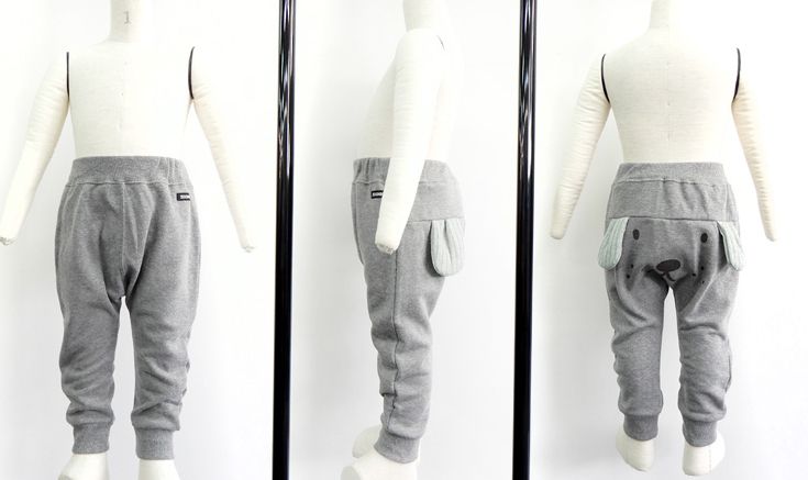 日本 ZOOLAND - 印花拼接長褲(裏毛)-狗狗耳朵-深灰