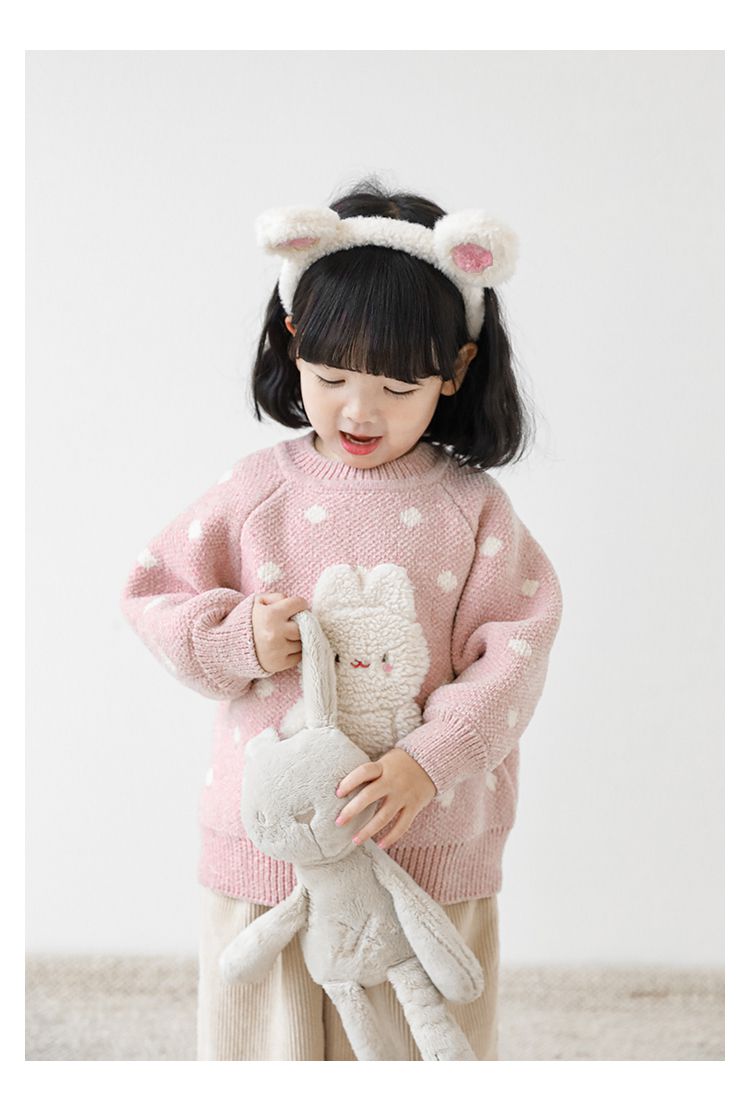 TONGMO - 雪尼爾針織圓領長袖毛衣-滿滿兔子-粉色