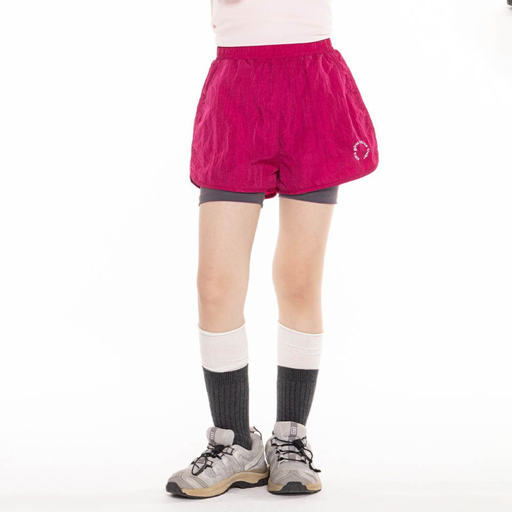 吸濕排汗速乾假兩件運動短褲-玫紅色