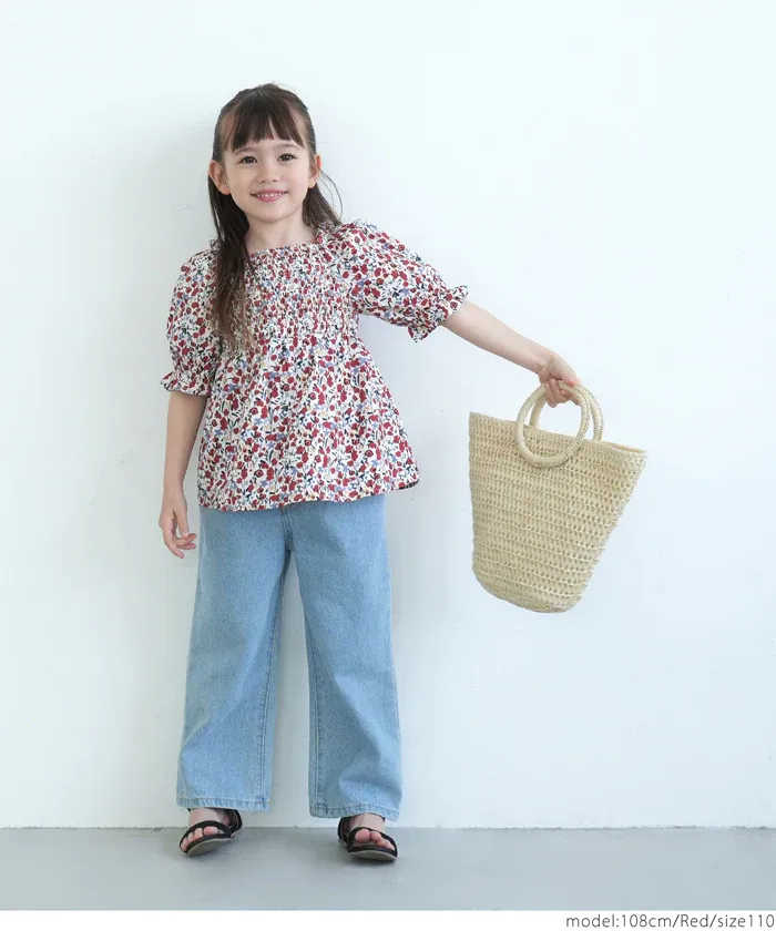 日本 COCA - 歐風碎花泡泡短袖上衣-孩子-洋紅