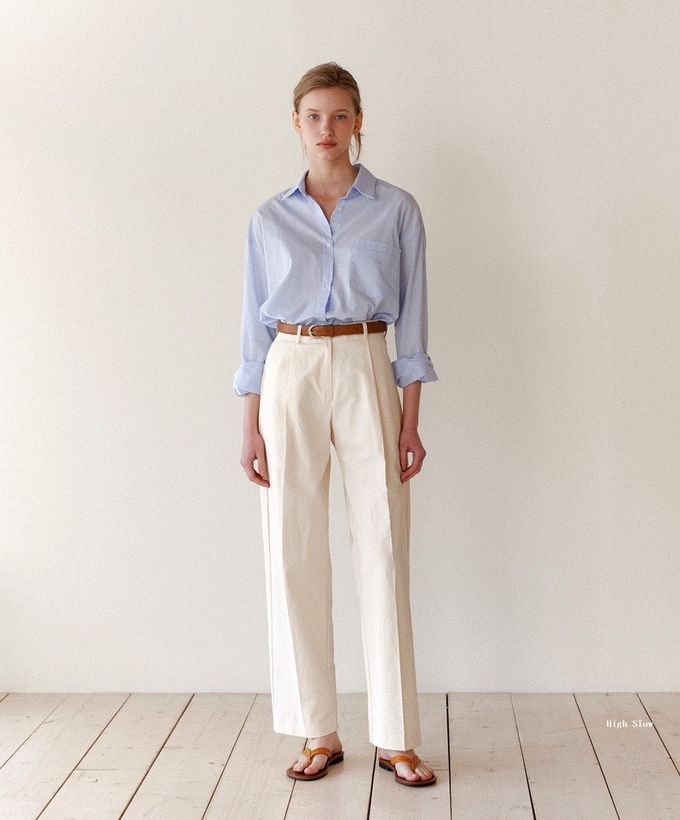 韓國 ANDYOUBROWN - 時尚壓褶直筒長褲-米白