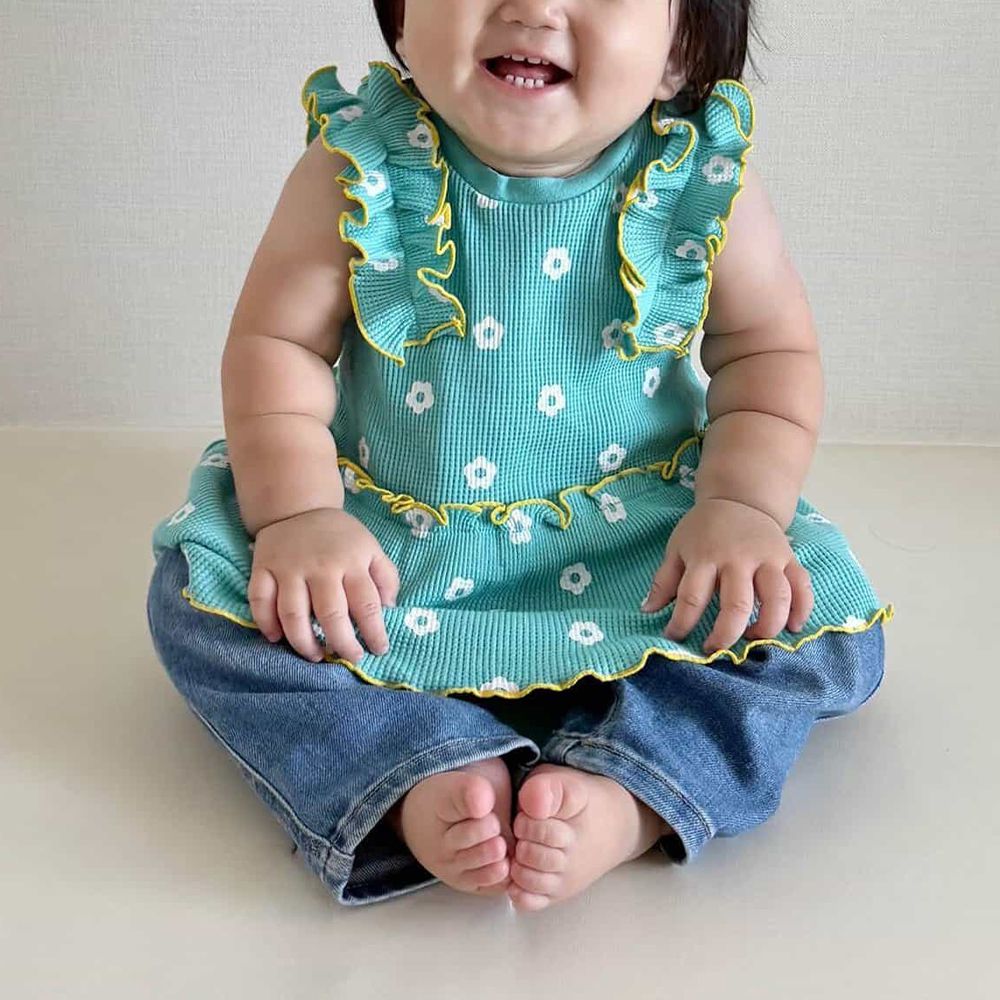 肩荷葉邊華夫格印花無袖上衣-花朵-薄荷綠