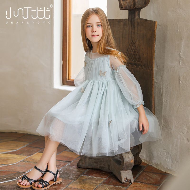 Little Deeyoo - 小仙女七分袖網紗連身洋裝-立體蝴蝶-藍色