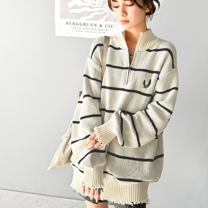 日本 Classical Elf - 半拉鍊寬版不修邊條紋針織上衣-米白