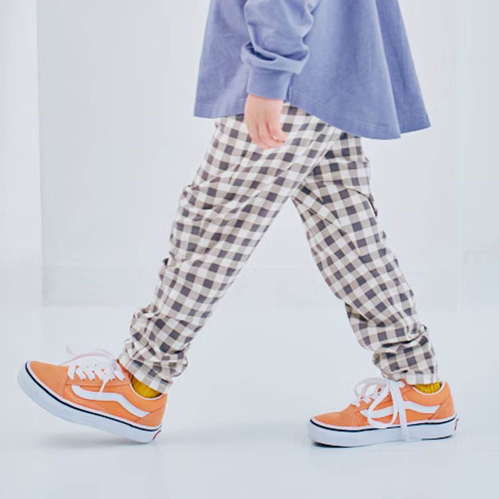 前後兩穿 鬆緊彈性長褲-格子-棕X白