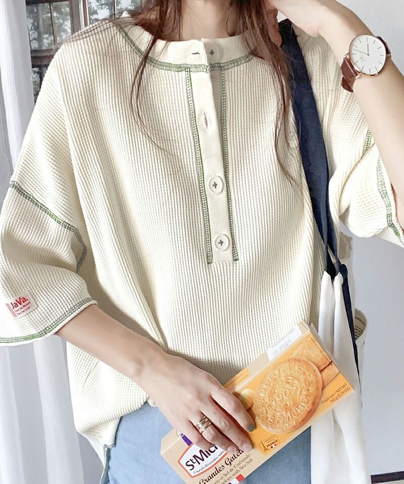 日本 Classical Elf - 2WAY華夫格落肩五分袖上衣-象牙杏