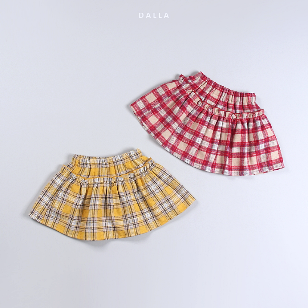 韓國 Dalla - 縮緊帶學院風格子短裙-黃