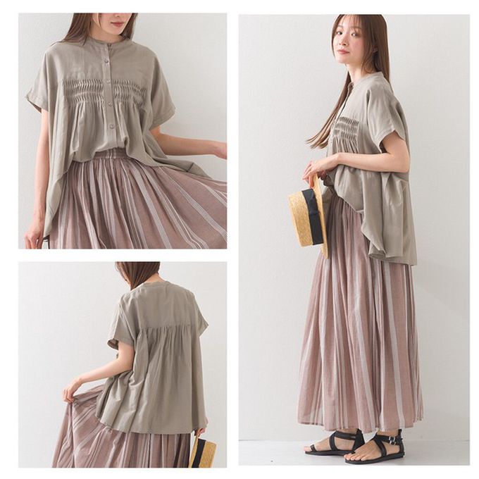 日本 OMNES - 100%印度棉 皺摺傘狀短袖襯衫-寶石藍