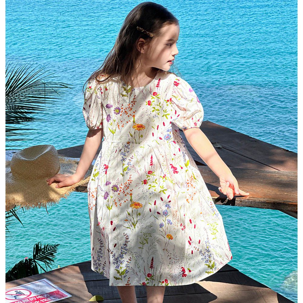 純棉法式浪漫小包袖洋裝-小碎花-白色