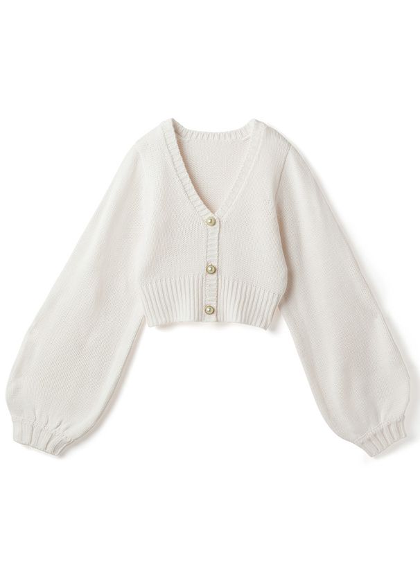 日本 GRL - V領珍珠釦泡泡袖針織外套-淺粉紫 (F)