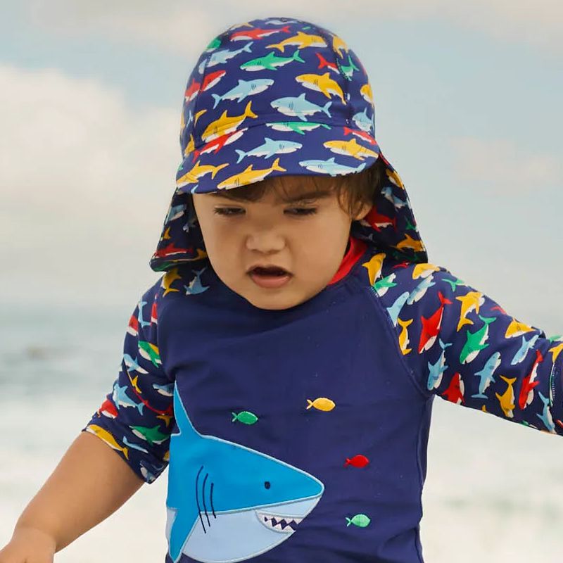 英國 JoJo Maman BeBe - 嬰幼兒/兒童泳裝戲水UPF50+防曬護頸遮陽帽-海中霸王