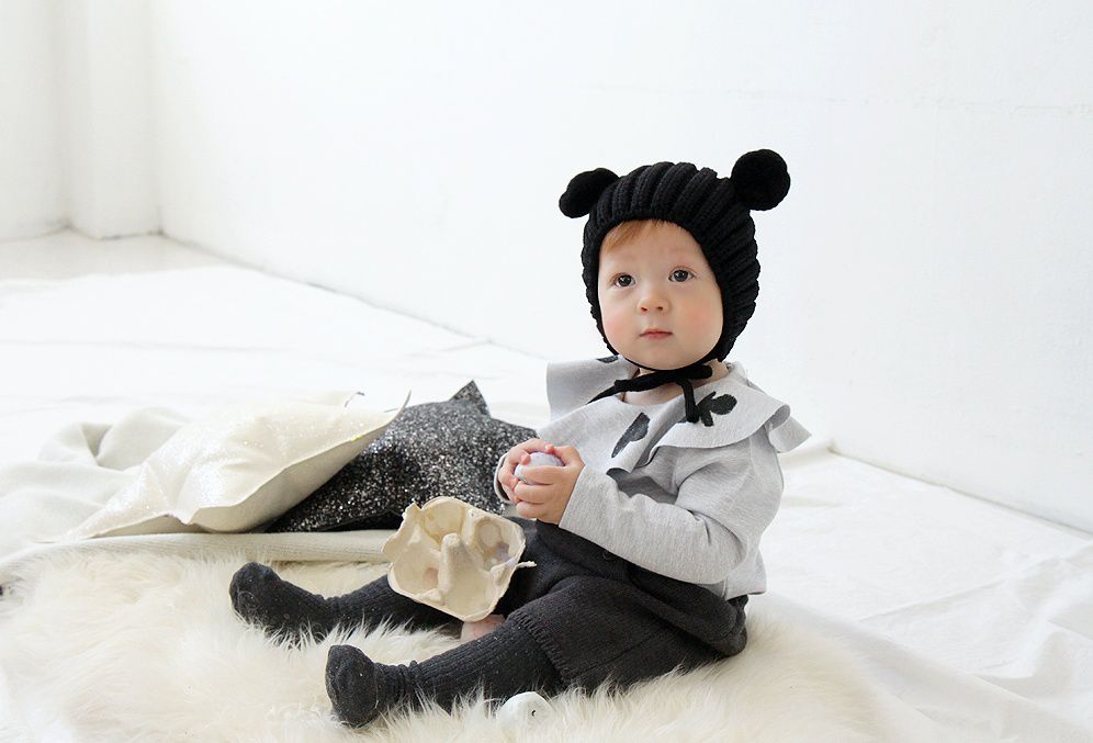 韓國 Babyblee - 小熊耳朵針織毛線帽-黑 (FREE)