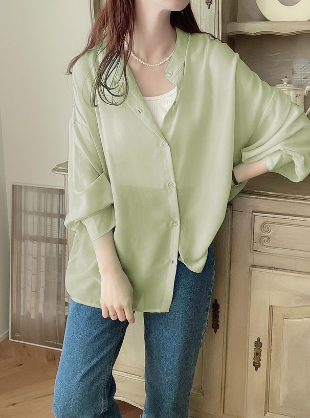 日本 GRL - 透膚感泡泡袖薄長袖襯衫-水藍 (F)